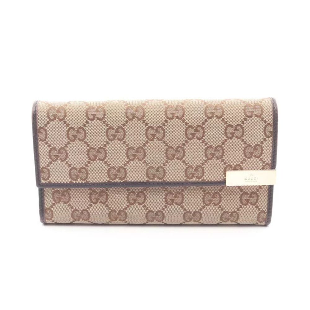 Gucci GG Canvas Bi fold Long Wallet Leather Beige Cream Brown